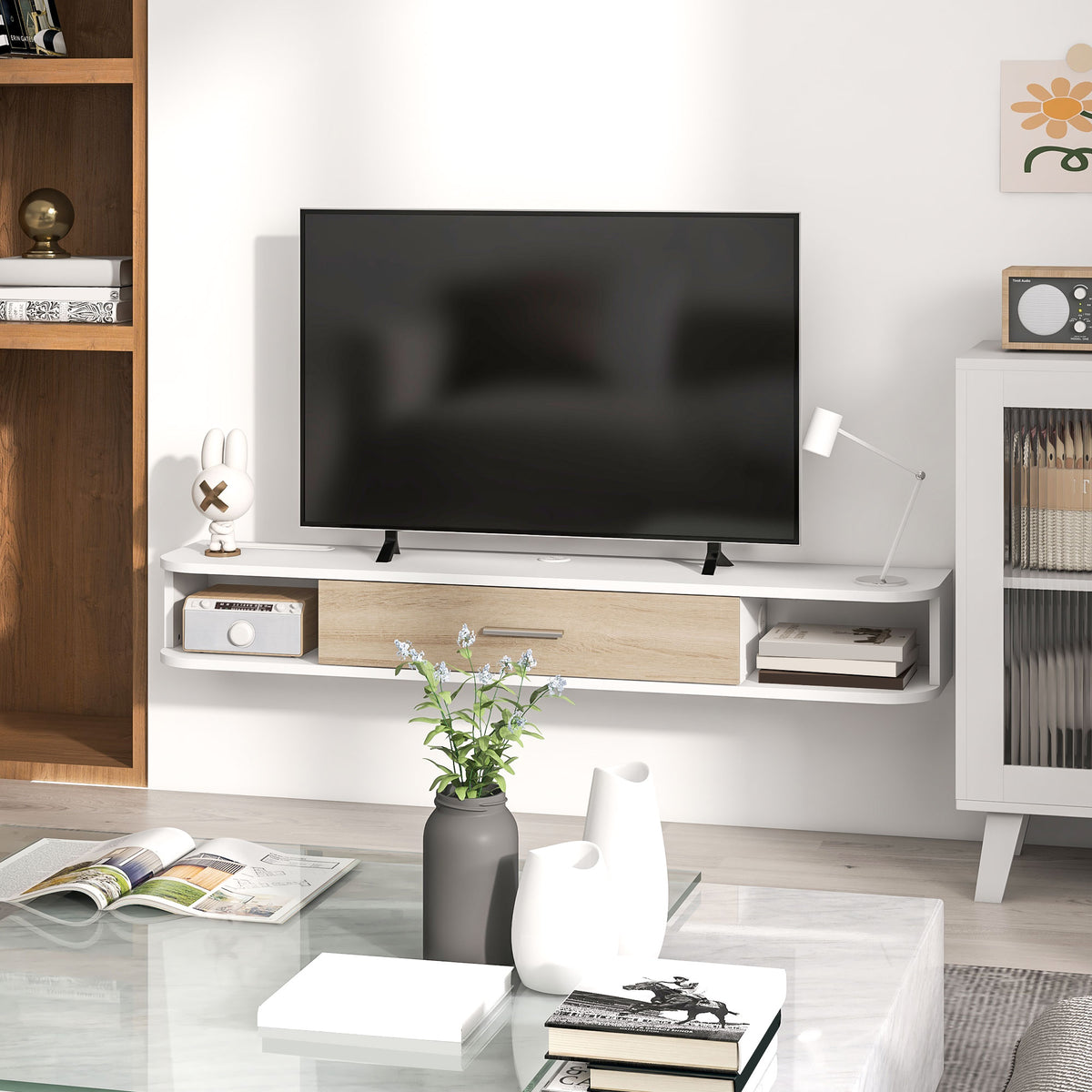 Meuble TV mural banc TV jusqu'à 50 pouces avec compartiments ouverts et armoire à porte rabattable blanc-7