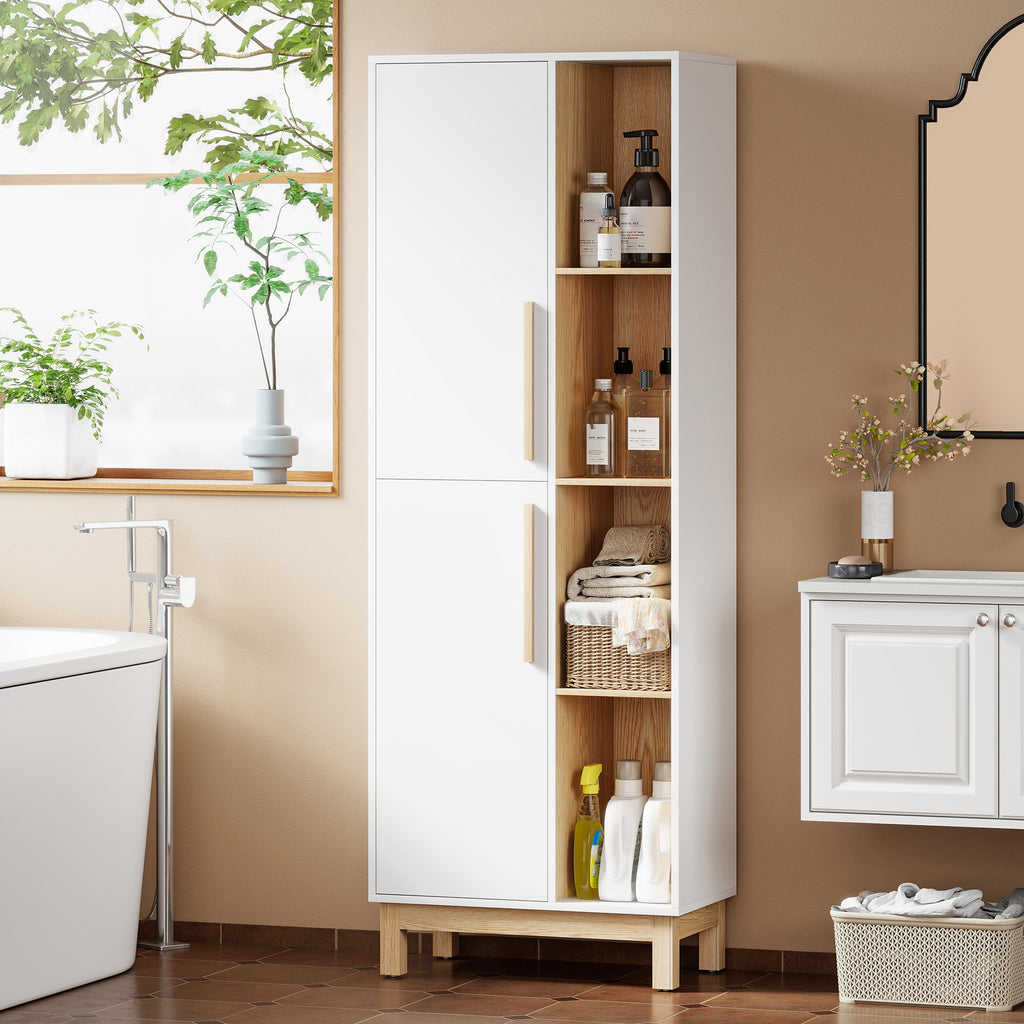 Meuble de Salle de Bain, Meuble de Rangement, 2 Portes, 4 Compartiments Ouverts et Étagères Réglables, Blanc et Naturel-9