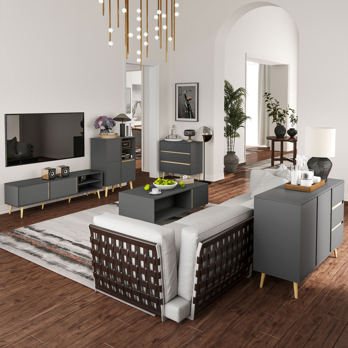 Buffet bas meuble de rangement sur pieds style scandinave 2 portes 3 tiroirs 120 x 40 x 80 cm gris anthracite-8