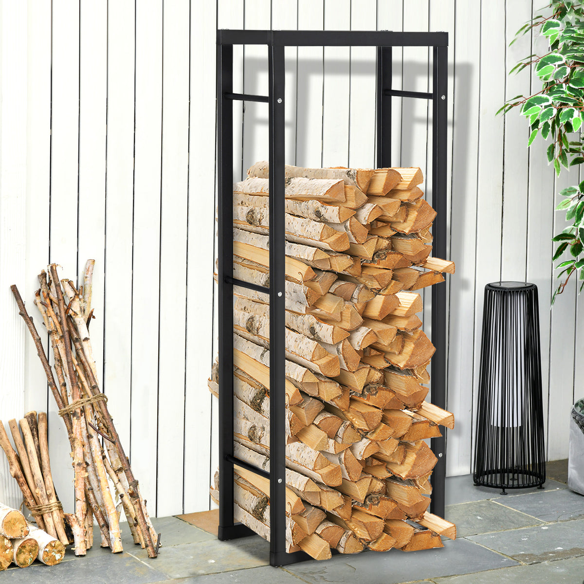 Range bûches Etagère porte bois de cheminée porte-bûches intérieur et extérieur charge max. 100 Kg dim. 60L x 25l x 150H cm métal noir-1