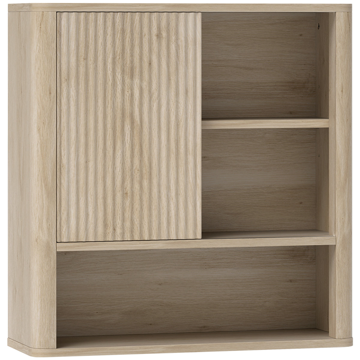Armoire murale salle de bain avec étagères réglables, porte coulissante et étagères ouvertes, bois naturel-0