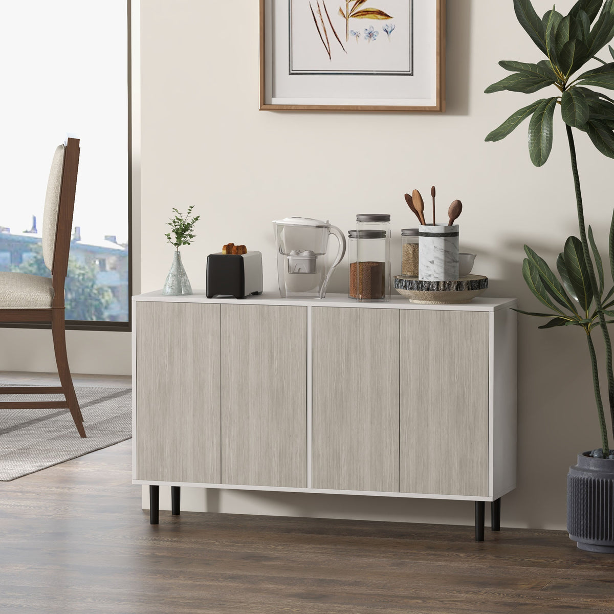 Buffet de cuisine meuble de rangement 2 placards avec étagères réglables, 121 x 37 x 75 cm, blanc et aspect bois gris-9