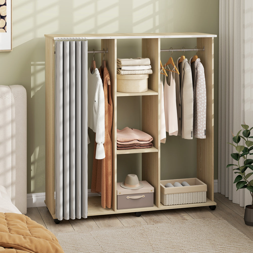 Armoire penderie Meuble de Rangement Mobile 6 roulettes 120L x 40l x 128H cm en bois naturel-9