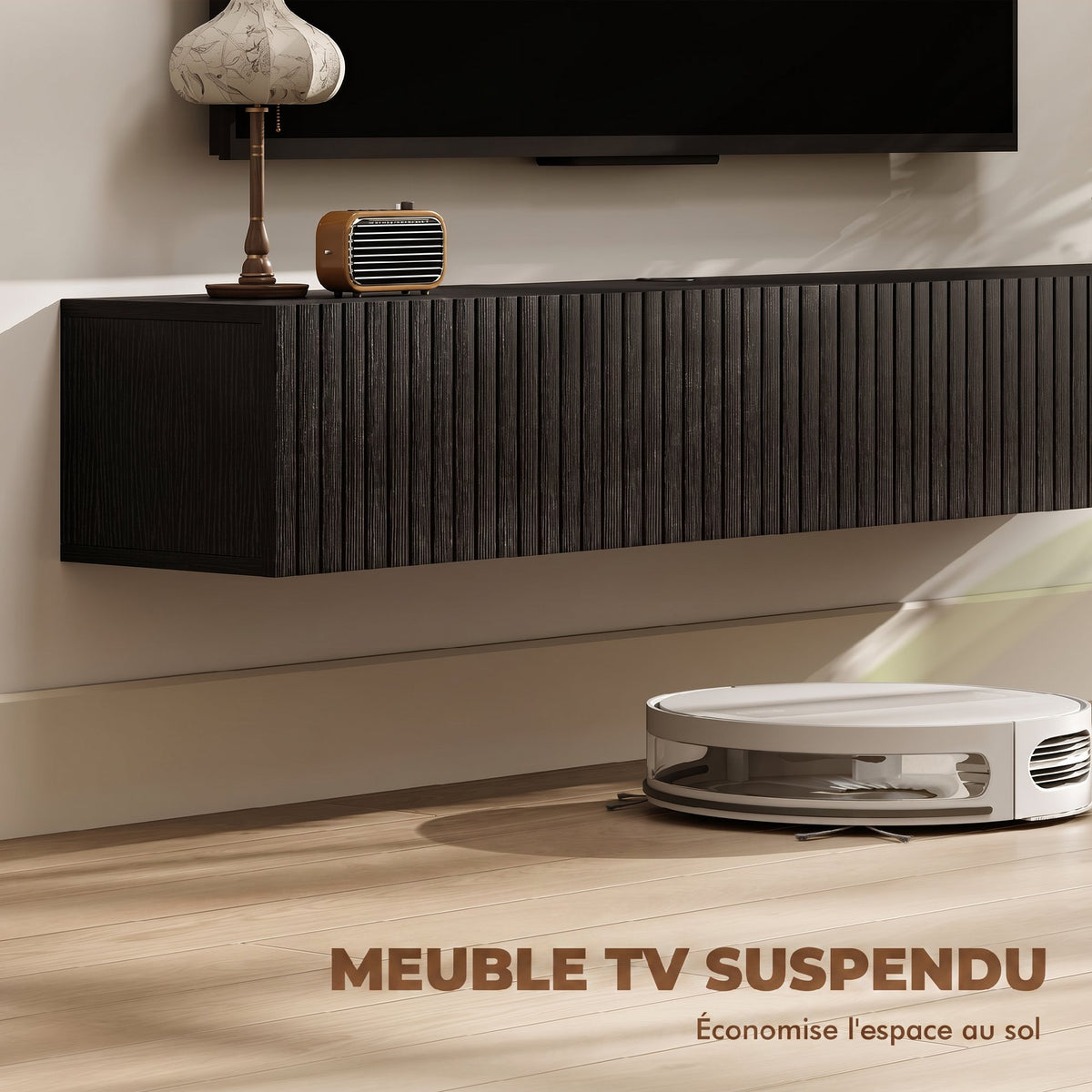 Meuble TV suspendu 140cm, meuble télé pour téléviseur 72 pouces, 2 portes rabattables, 140x25x22cm, noir-3