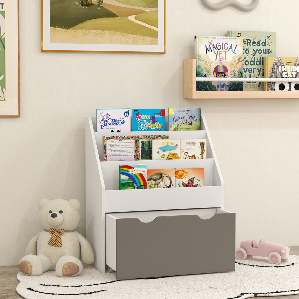 Bibliothèque pour enfants Multi-Rangement avec 3 niveaux d'étagères et un tiroir, 62,5L x 30l x 70H cm, gris et blanc-9