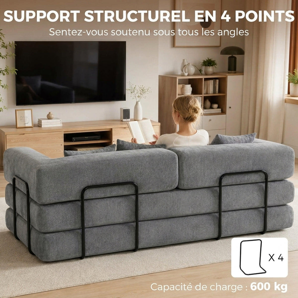 Canapé Convertible 3 Places Compressé 5 en 1, Canapé-Lit en Chenille 205cm, Assise Profonde, 2 Coussins, Gris-5