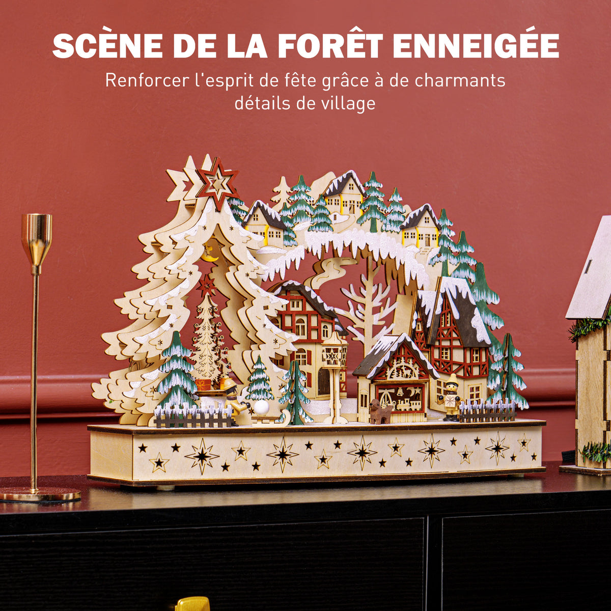 Village de Noël lumineux, village de Noël animé en bois, avec 20 LED, paysage enneigé, 45L x 12l x 30H cm, bois naturel-3