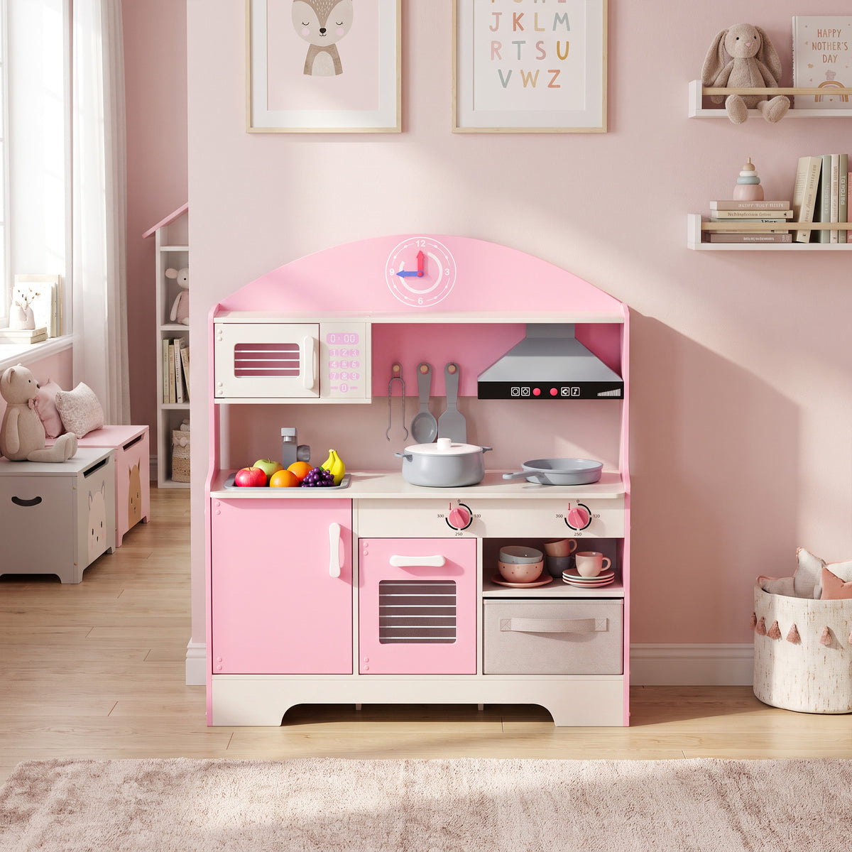 Cuisine Enfant avec Lumières et Sons, Cuisine de Jeu avec Tiroir en Tissu et 5 Accessoires, pour Enfants 3-6 Ans, Rose-9