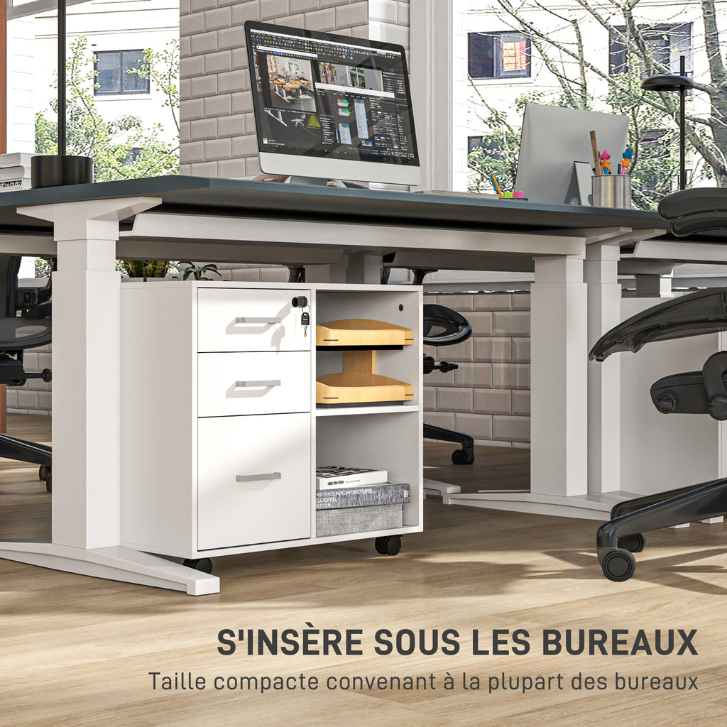 Support d'imprimante à 3 tiroirs verrouillables, meuble de rangement sur roulettes, étagères ouvertes, 60x40x56cm, blanc-6