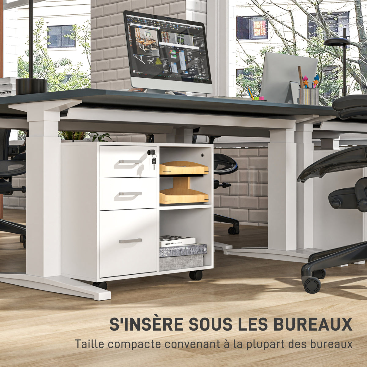 Support d'imprimante à 3 tiroirs verrouillables, meuble de rangement sur roulettes, étagères ouvertes, 60x40x56cm, blanc-6