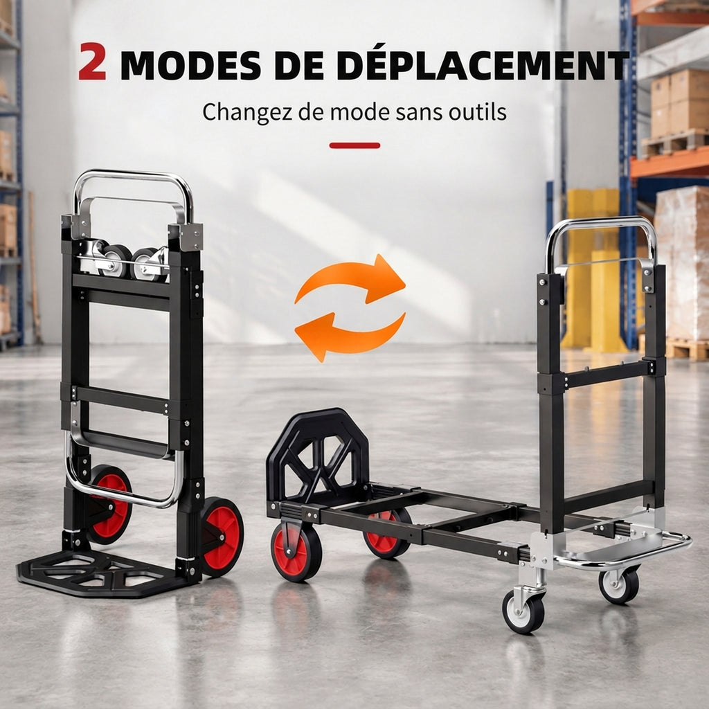 Diable Pliable 2 en 1 Extensible 220KG Pliage Plat Chariot Plateforme Acier Poignée Réglable Roues 360° 112x41x92cm Noir-3