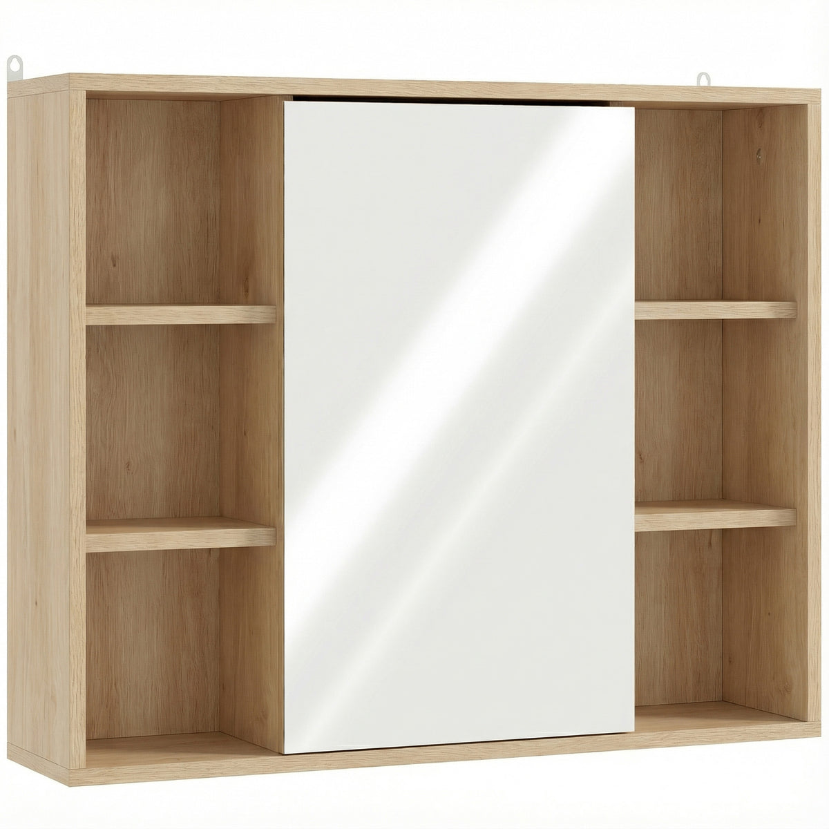 Meuble salle de bain avec miroir, placard à portes et 6 compartiments ouverts, 60 x 14,5 x 49,4 cm, bois naturel-0