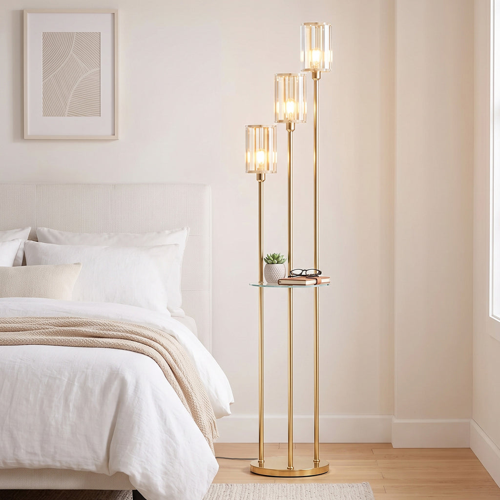 Lampadaire Étagère Verre 3 Lumières Lampe sur Pied Abat-jour Verre Doré-8