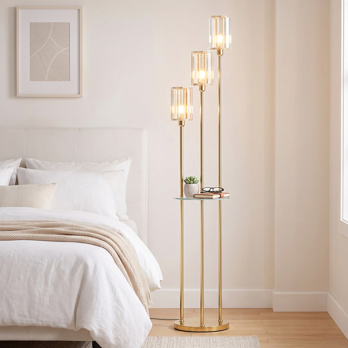 Lampadaire Étagère Verre 3 Lumières Lampe sur Pied Abat-jour Verre Doré-8