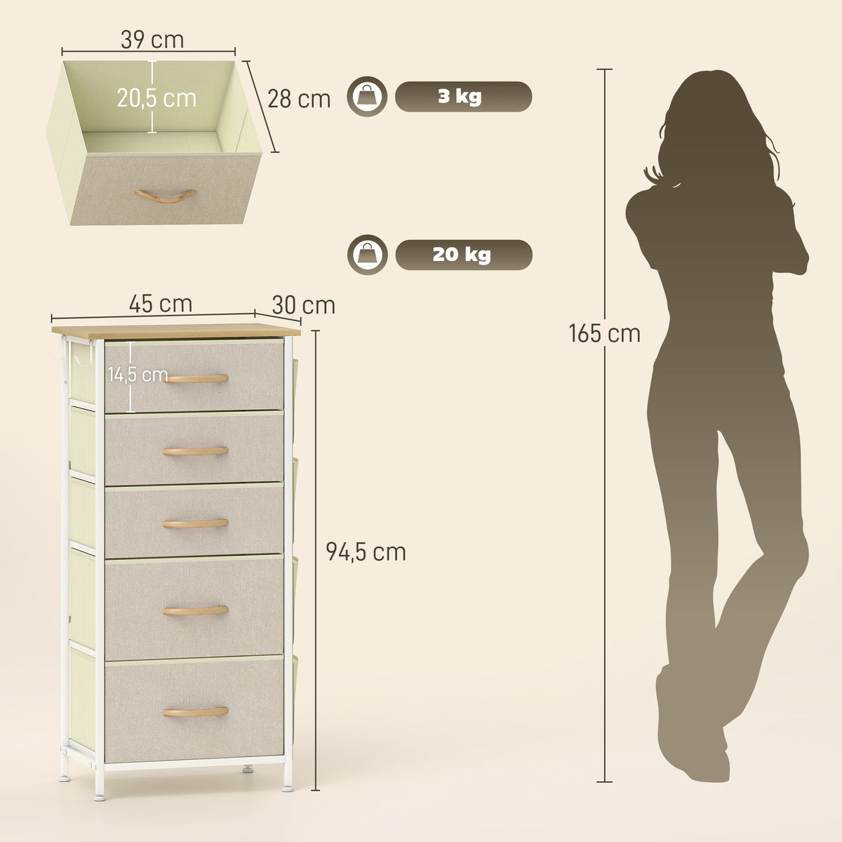 Commode 5 tiroirs en tissu, meuble de rangement avec 4 poches, 2 crochets, structure en acier, 45 x 30 x 94,5 cm, beige-2
