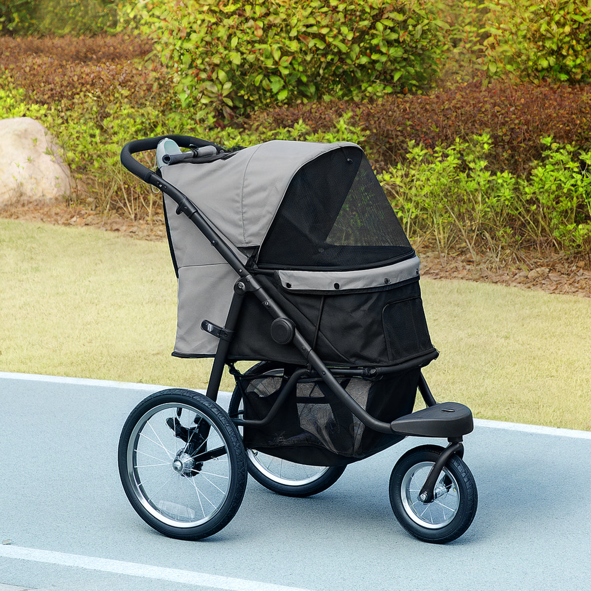 Poussette pour chien pliable avec panier de rangement, coussin lavable, roues en caoutchouc et auvent réglable, gris-1