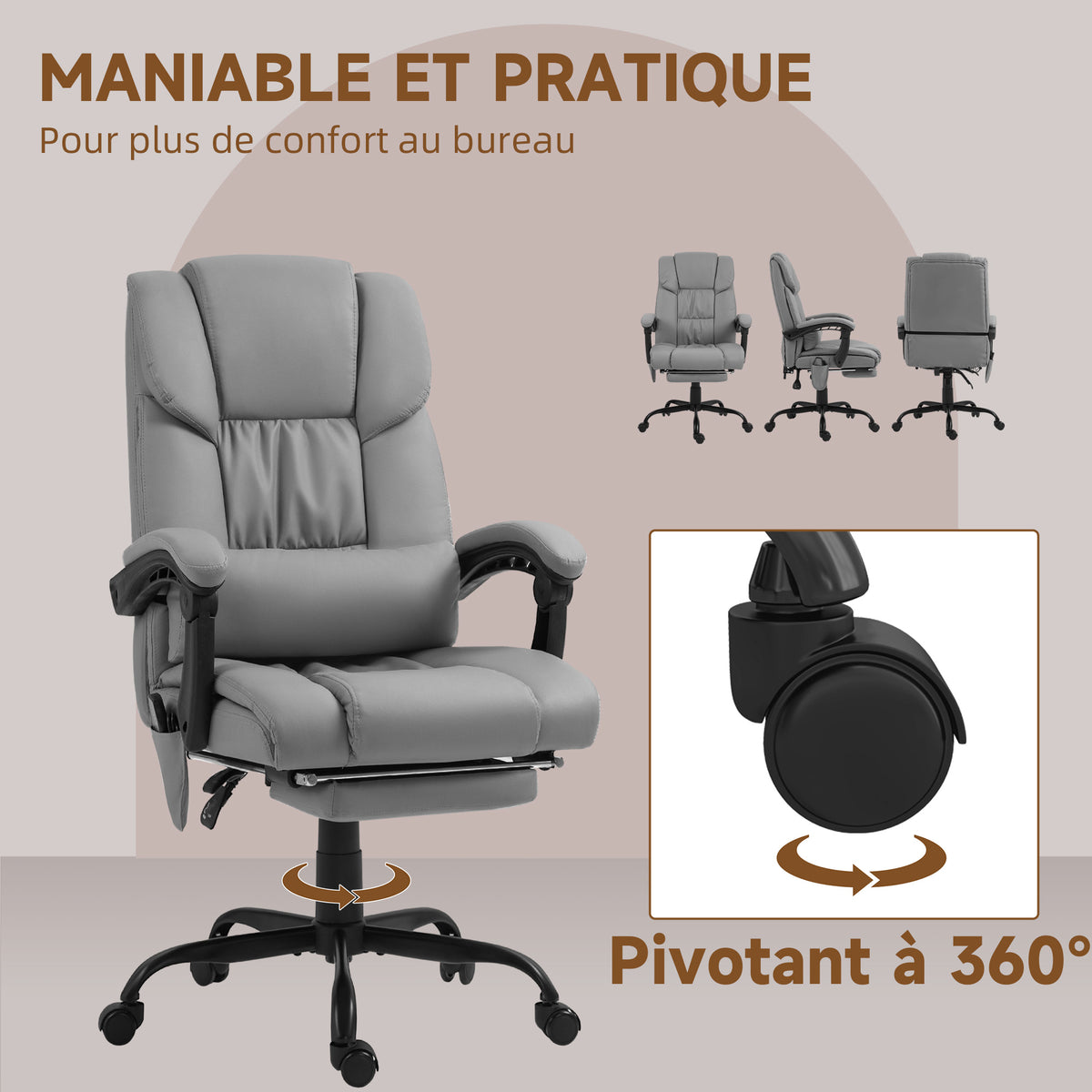 Fauteuil de bureau massant avec repose-pied, hauteur réglable, dossier inclinable, télécommande filaire, pivotant à 360°-8