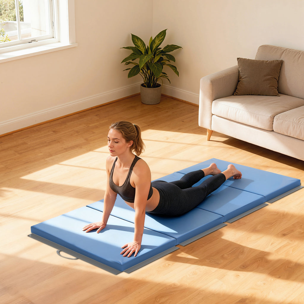 Tapis de gymnastique yoga pilates fitness pliable en 4 avec poignées revêtement synthétique 180 x 80 x 5 cm bleu clair-8