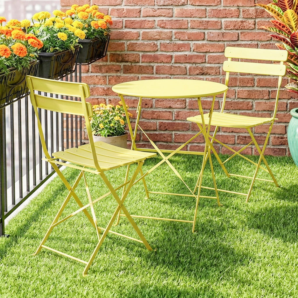 Ensemble Bistrot de Jardin 3 Pièces Table et 2 Chaises Pliantes à Lattes Double Protection Antirouille Jaune-1