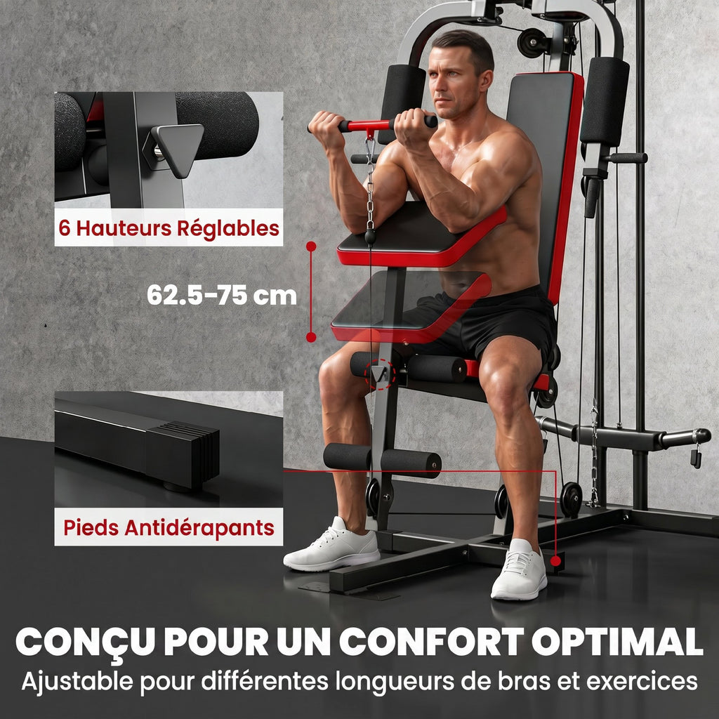 Station de Musculation Multifonction à Disques Libres, avec Banc Amovible, 136x107x205cm, Noir et Rouge-5