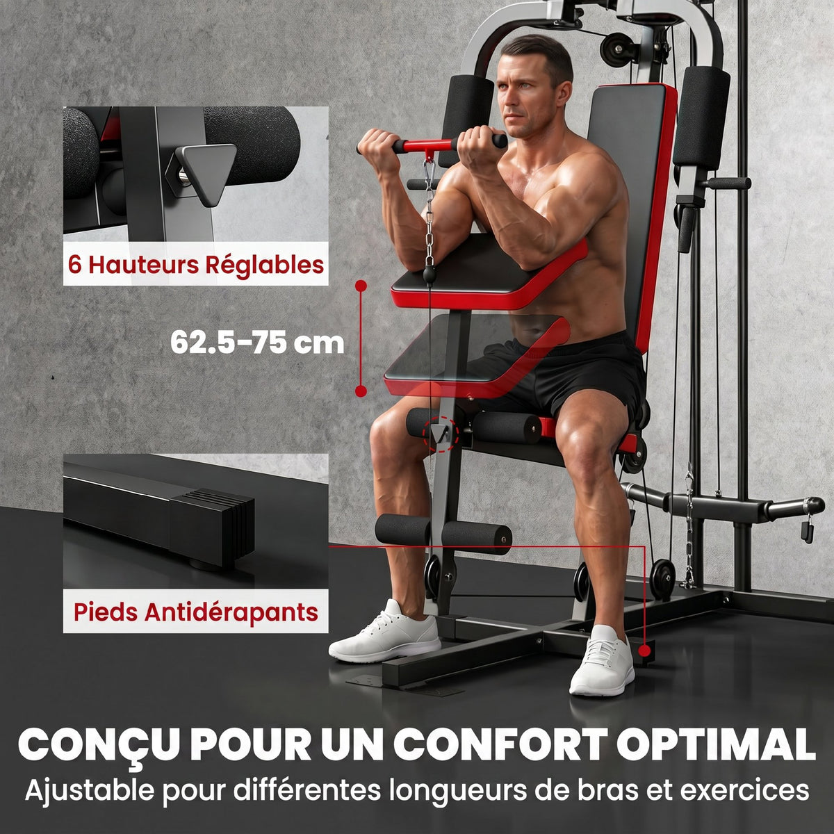 Station de Musculation Multifonction à Disques Libres, avec Banc Amovible, 136x107x205cm, Noir et Rouge-5
