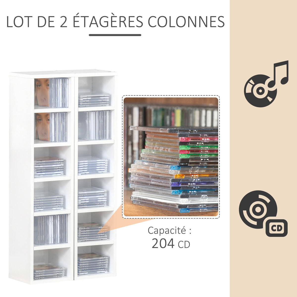 Lot de 2 étagères colonnes Armoire de Rangement CD-DVD 6 + 6 Compartiments dim. 21L x 19l x 88H cm capacité Max. 160 CD Blanc-3
