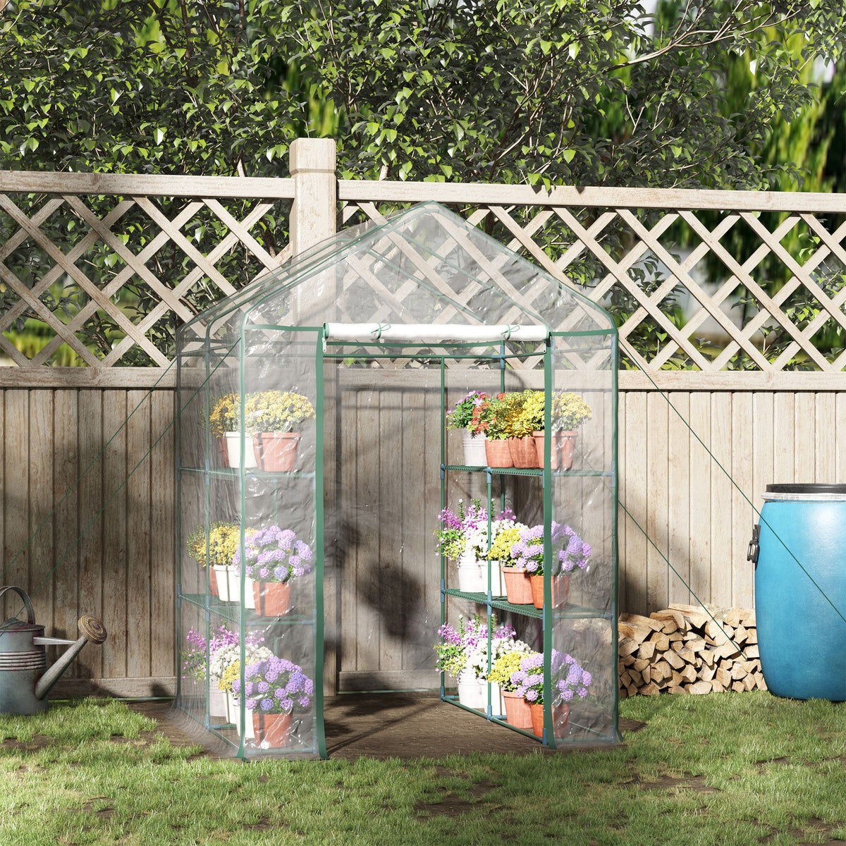 Serre de jardin avec étagères 3 niveaux, serre de balcon, châssis en acier, porte zippée enroulable, pour légumes plantes fleurs, intérieur et extérieur, 143x143x195cm, transparent-1