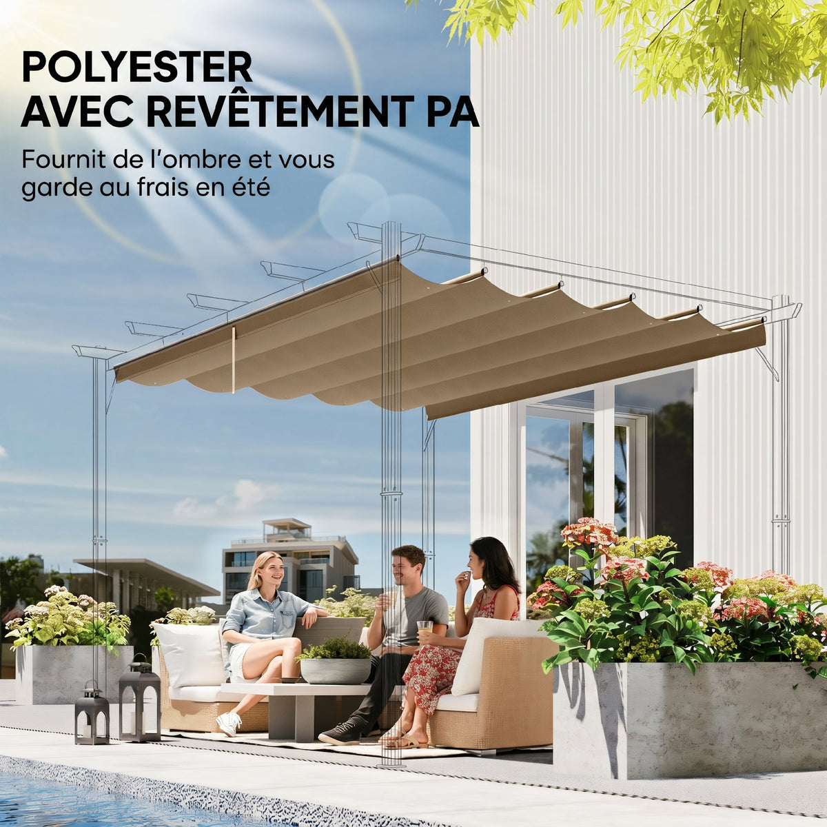 Toile de Toit pour Pergola Tonnelle Rétractable de 3 x 3 m - Toile Uniquement 250 x 255 cm, Ecru-4