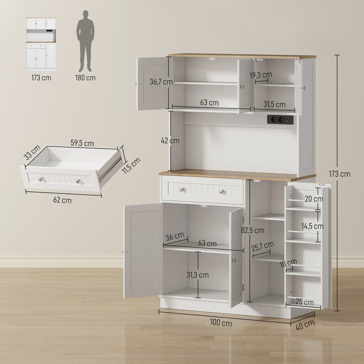 Buffet haut cuisine, armoire de cuisine, station de charge, 6 portes, plan de travail, porte-épices, 100x40x173cm, blanc-2