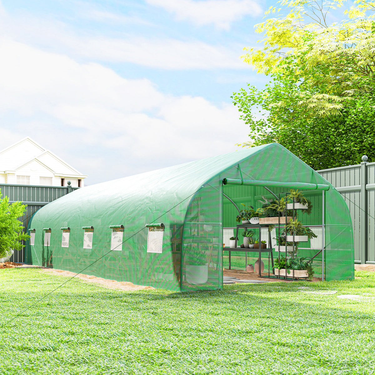 Serre de jardin tunnel grande taille avec bâche PE cadre en acier porte enroulable et 12 fenêtres 8 x 3 x 2 m vert-9