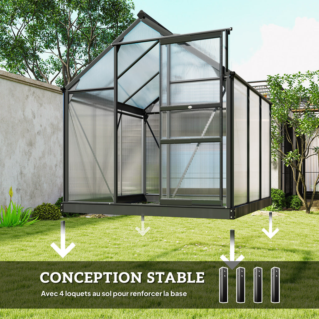 Serre de jardin polycarbonate 3,65m² 190 x 192 x 201 cm résistant aux UV fondation renforcé gouttière Gris-5