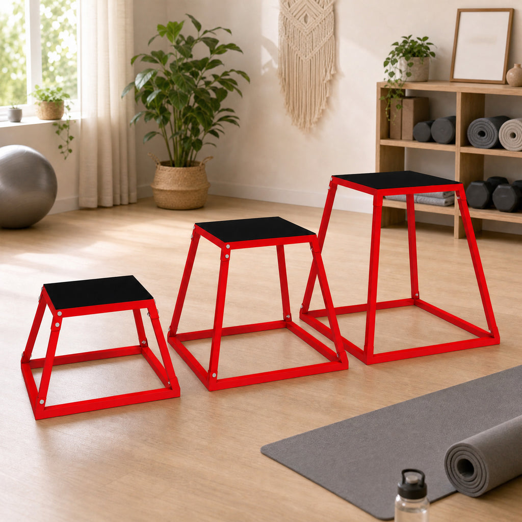 Boîte Entraînement Pliométrique Trapézoïdale en Acier, 3 Plateformes de Saut Antidérapantes 30,5/45,8/61 cm, Rouge-1