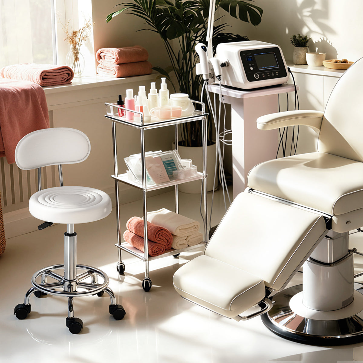 Tabouret à roulettes, tabouret de massage avec hauteur réglable 70-86 cm et dossier, pivotant 360°, blanc-8