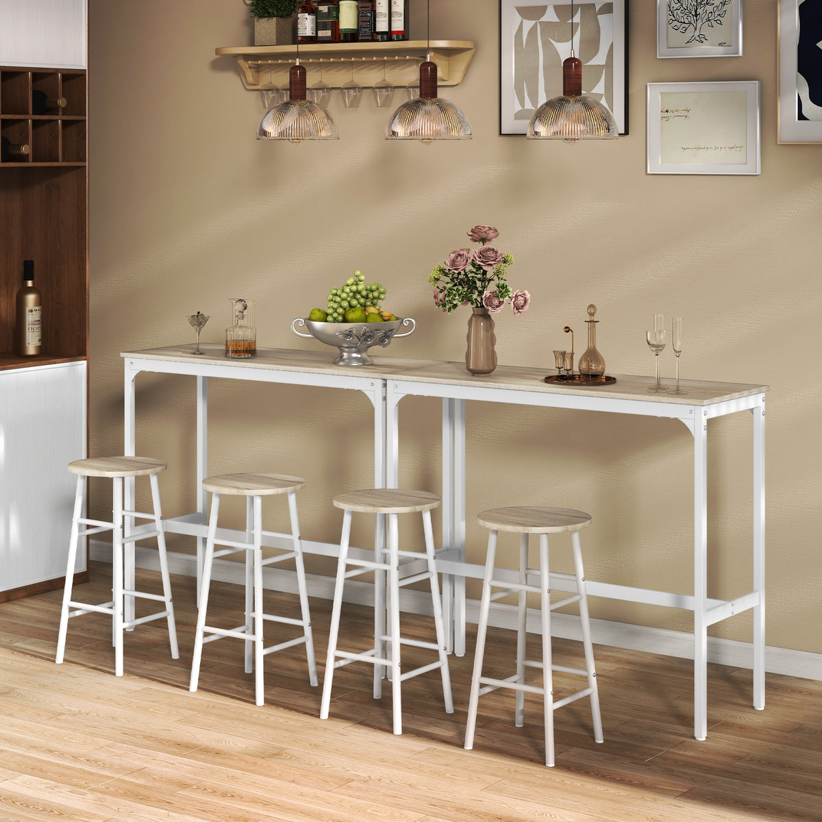Ensemble table haute de bar + 2 tabourets structure en acier plateau aspect bois naturel 2 personnes blanc-6