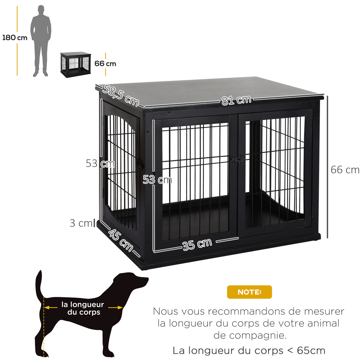 Cage pour chien animaux meuble cage chien intérieur en bois MDF classe E1 3 portes verrouillables max. 30 Kg dim. 81L x 58l x 66H cm noir-2