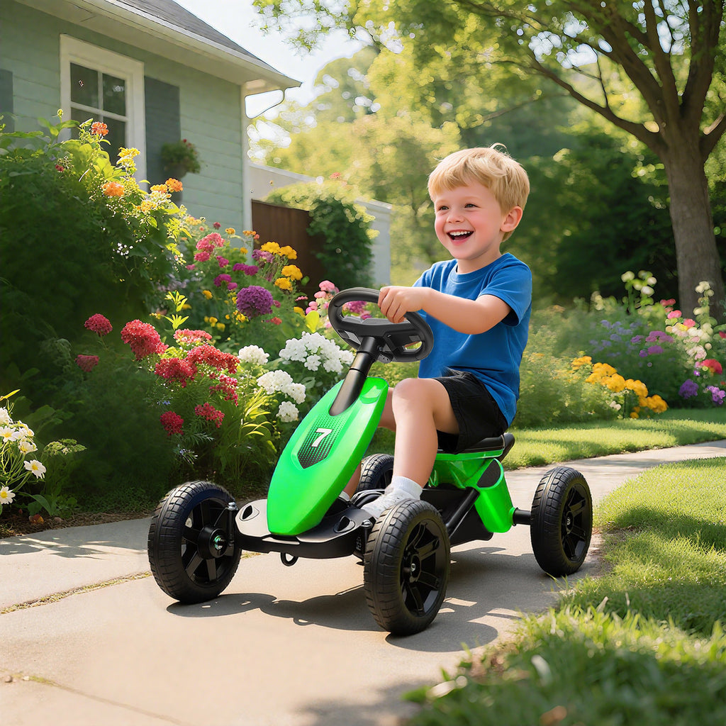 Kart à pédales pour enfants, karting enfant de 2 à 5 ans avec roues EVA silencieux, avancer et reculer, vert-1