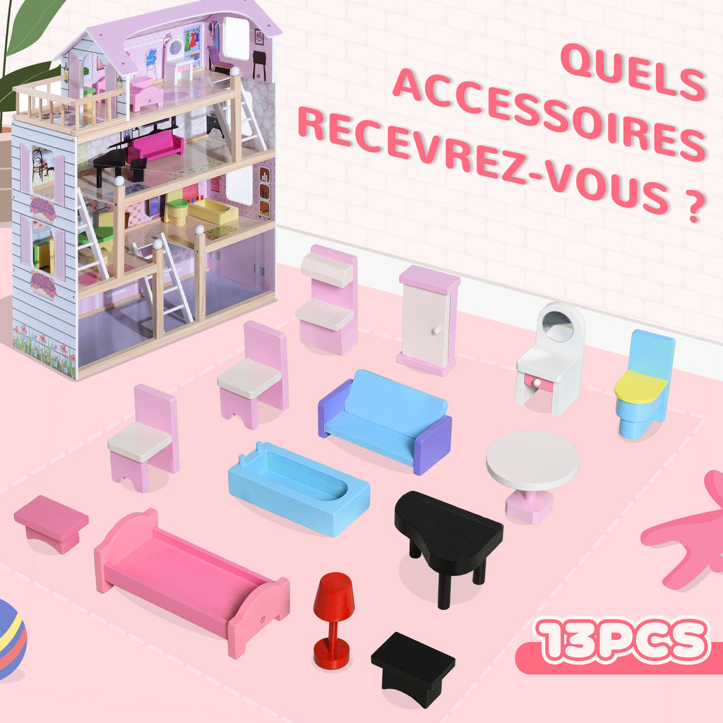 Maison de poupée en Bois Jeu d'imitation 4 Étages pour 3+ ans avec 13 Accessoires Grand réalisme Multi-équipement 60L x 30l x 80H cm Blanc et Rose-5