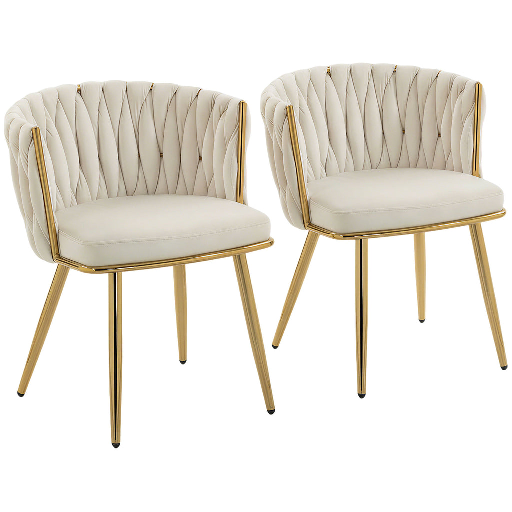 Lot de 2 chaises de salle à manger, chaises de cuisine rembourrées en velours avec dossier tressé et accoudoirs, crème-0