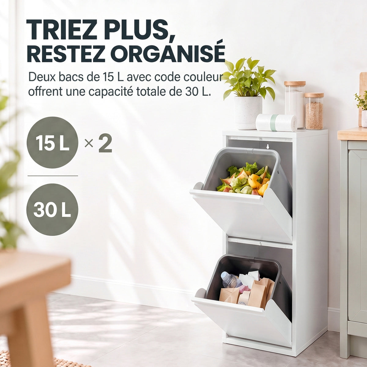 Meuble Poubelle de Tri Sélectif, Poubelle de Recyclage 30 L (2 x 15 L) avec 2 Compartiments, Fermeture Douce, Blanc-3
