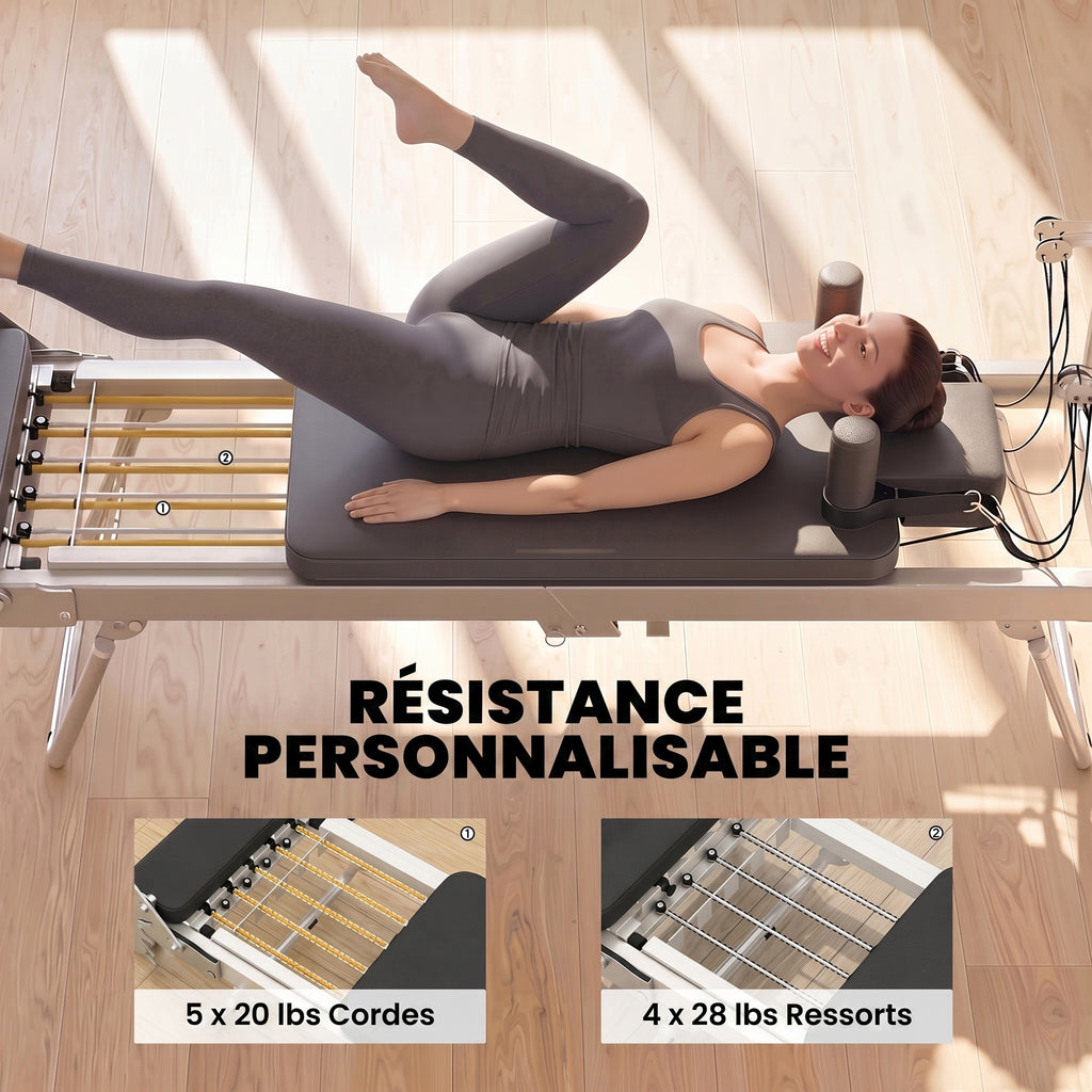 Machine Reformer Pilates Pliable Système Hybride 4 Ressorts & 5 Cordes Silencieux Acier 195 x 56 x 88 cm Blanc-4