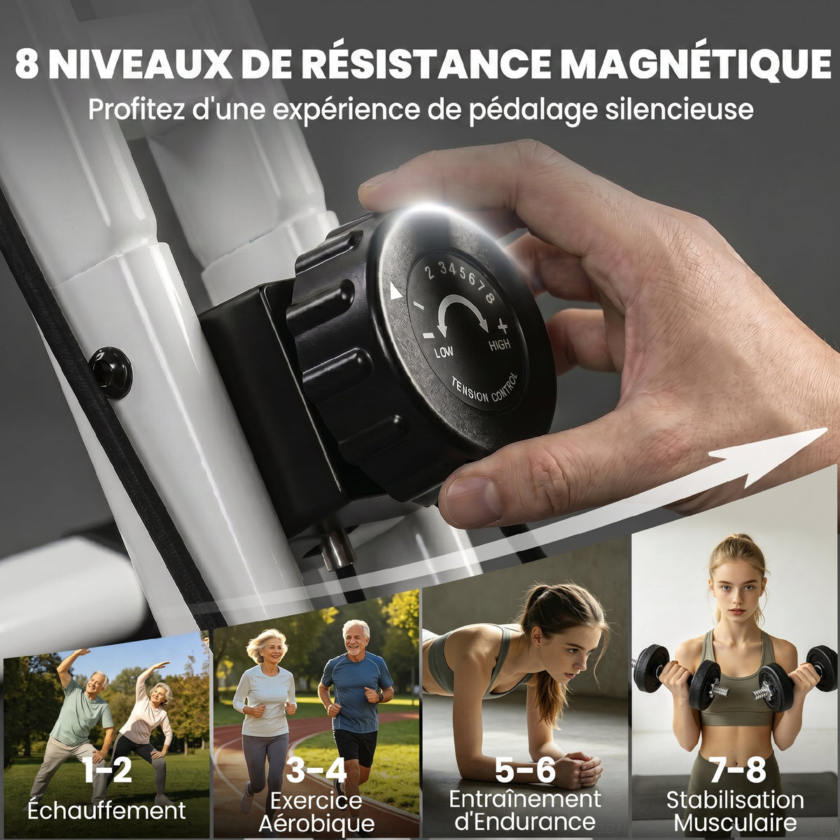 Vélo d'Appartement Pliable Vélo de Fitness 3 en 1 Silencieux Connecté Kinomap Bluetooth et Zwift 105x53,5x109cm Blanc-5