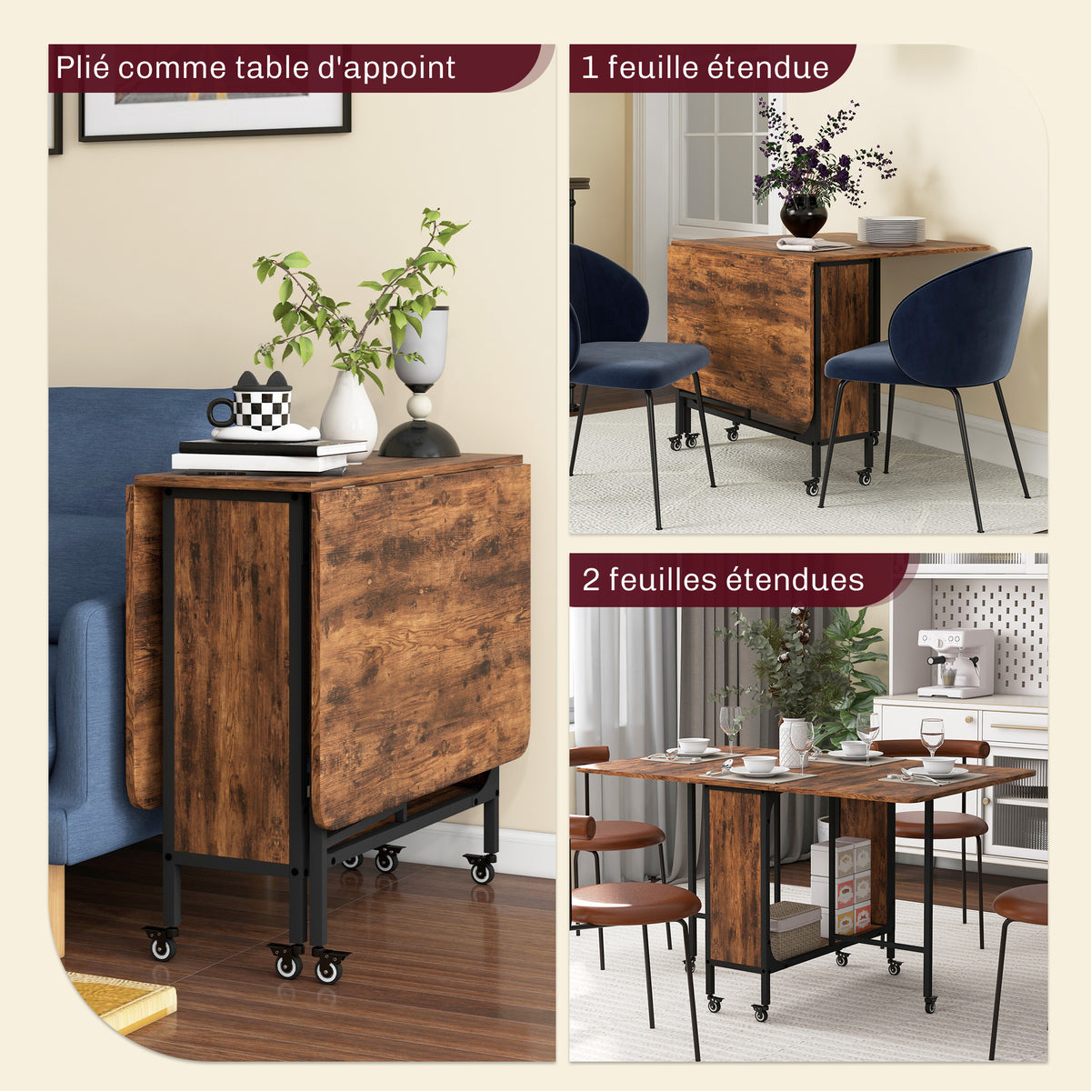 Table pliante de cuisine extensible salle à manger sur roulettes jusqu'à 6 personnes étagère intégrée, 6 roues, Marron-3