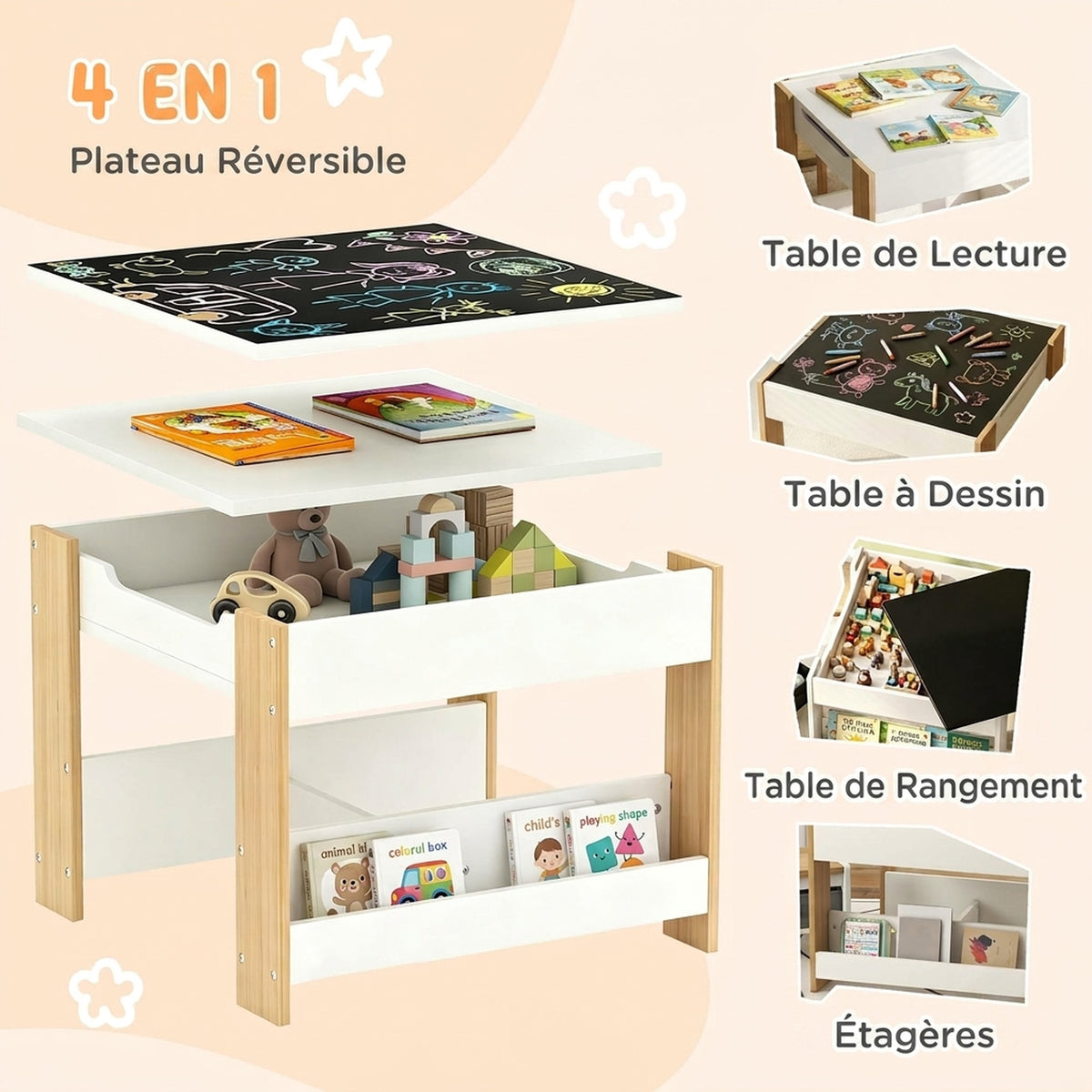 Ensemble 3 pièces table et 2 chaises pour enfant avec plateau réversible tableau noir, panier de rangement, étagères-3