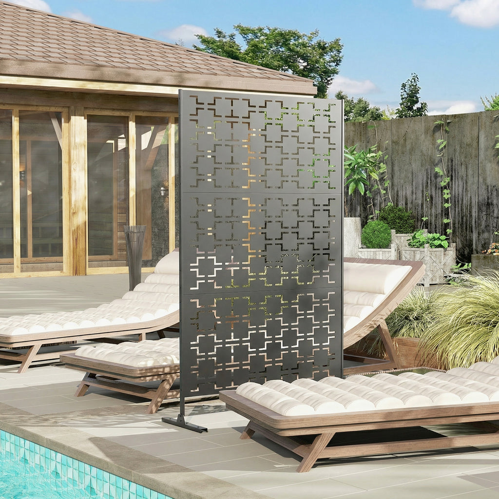 Panneau brise vue décoratif paravent extérieur à motif géométrique ajouré en métal - 122 x 45 x 198 cm, noir-9