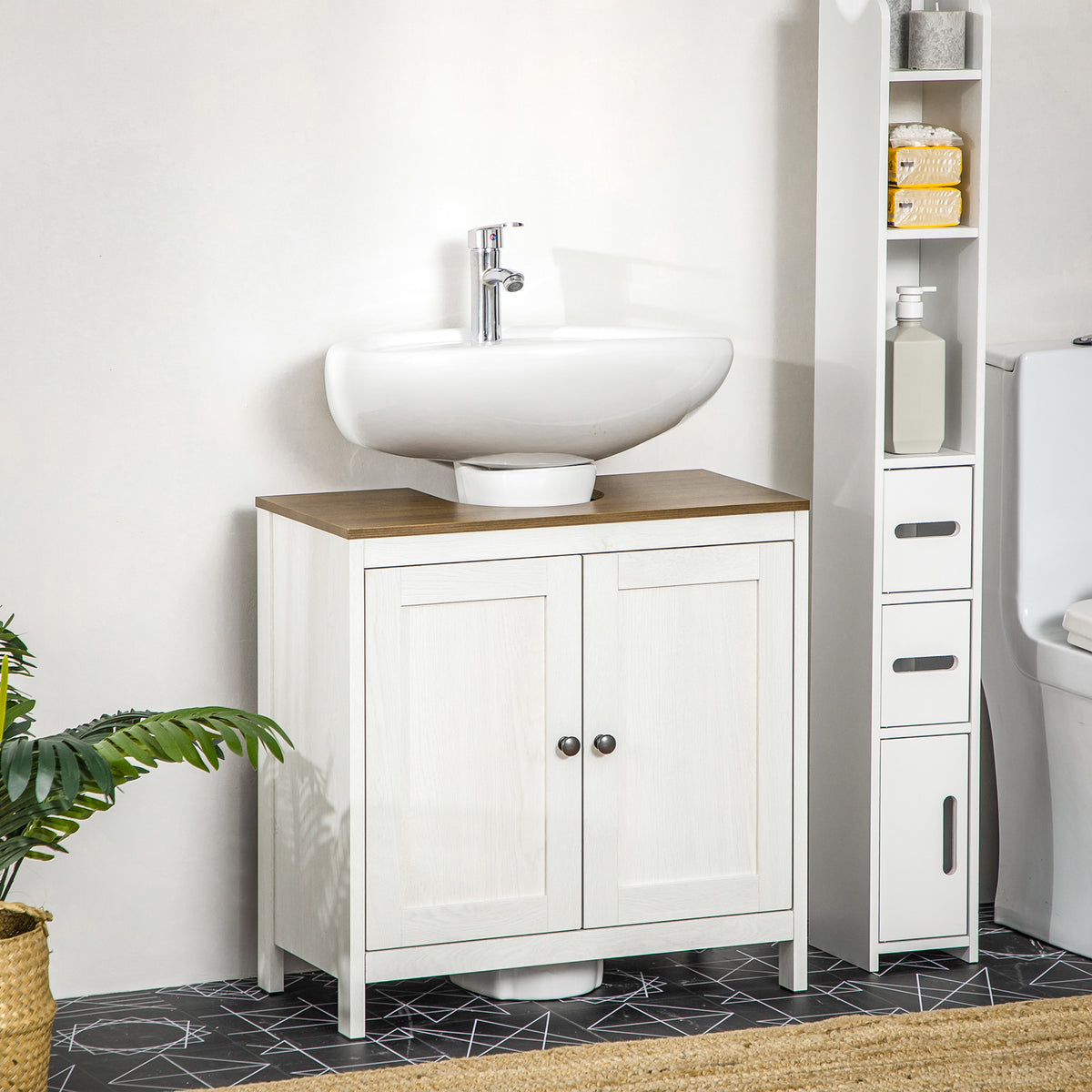 Meuble sous lavabo meuble de salle de bain 2 portes avec étagère 60 x 30 x 60 cm blanc et aspect bois-1