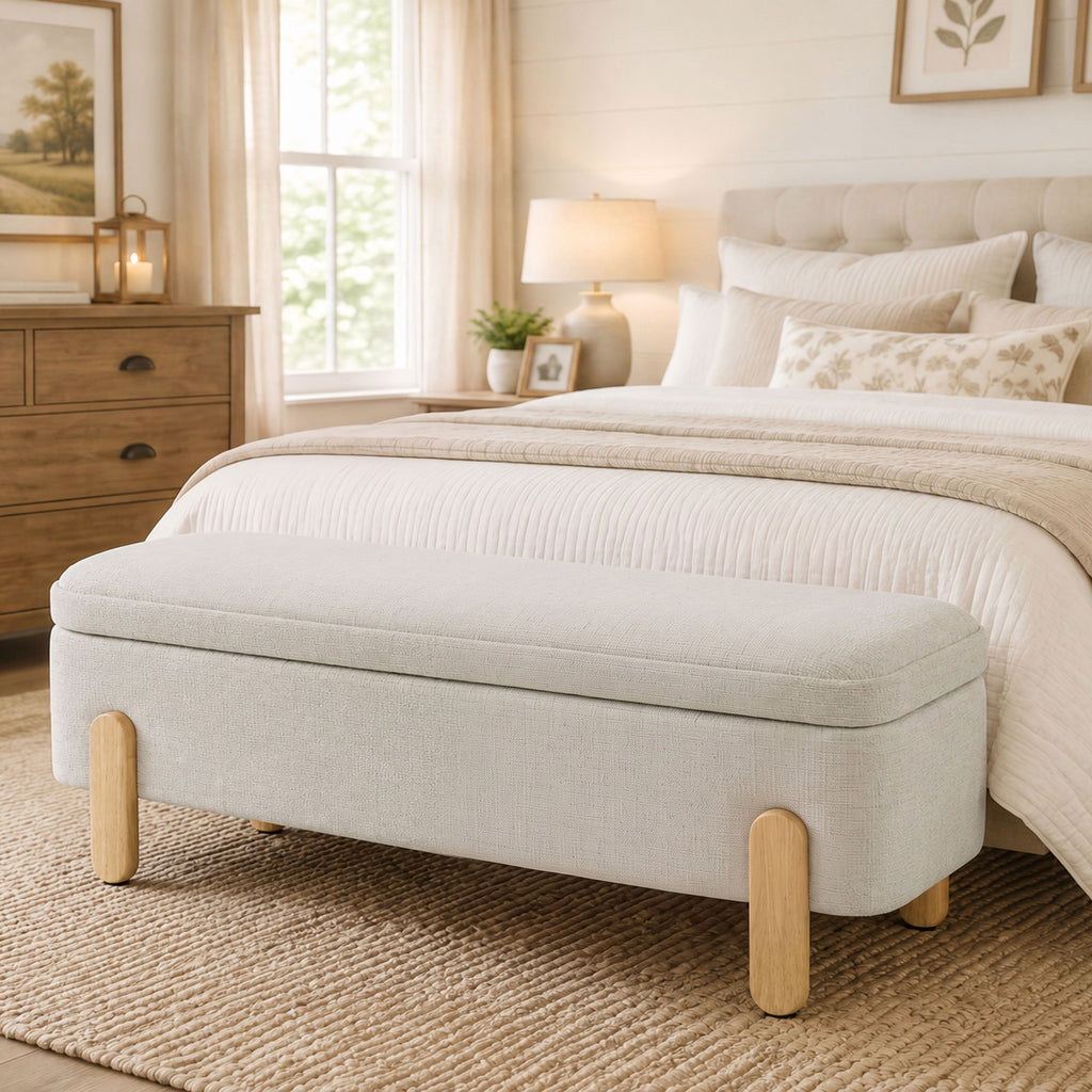 Banc Coffre de Rangement 108 cm, Bout de Lit en Chenille avec Pieds en Bois, Style Moderne, Charge Max. 220 kg, Beige-1