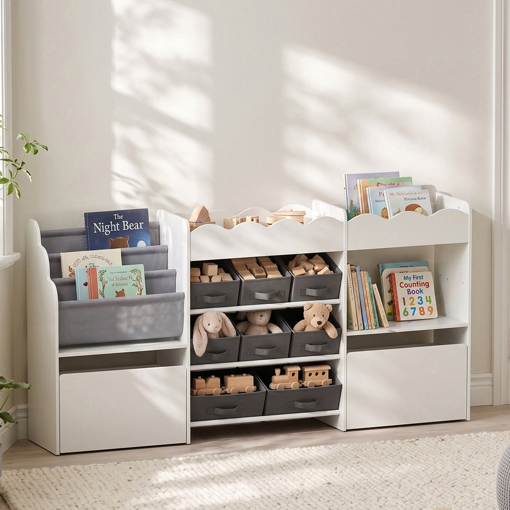 Meuble de rangement jouets enfant avec bibliothèque, 8 bacs en tissu, 2 tiroirs à roulettes et étagères ouvertes, blanc-9