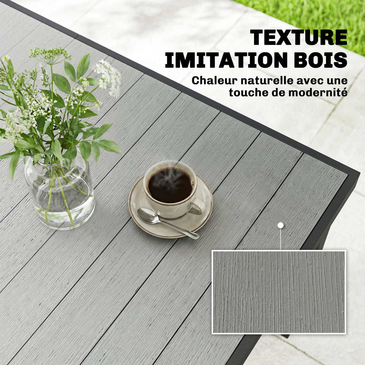 Table de jardin pour 4 à 6 personnes, table à manger extérieure avec plateau à lattes, 140 x 90 x 74 cm, gris-3