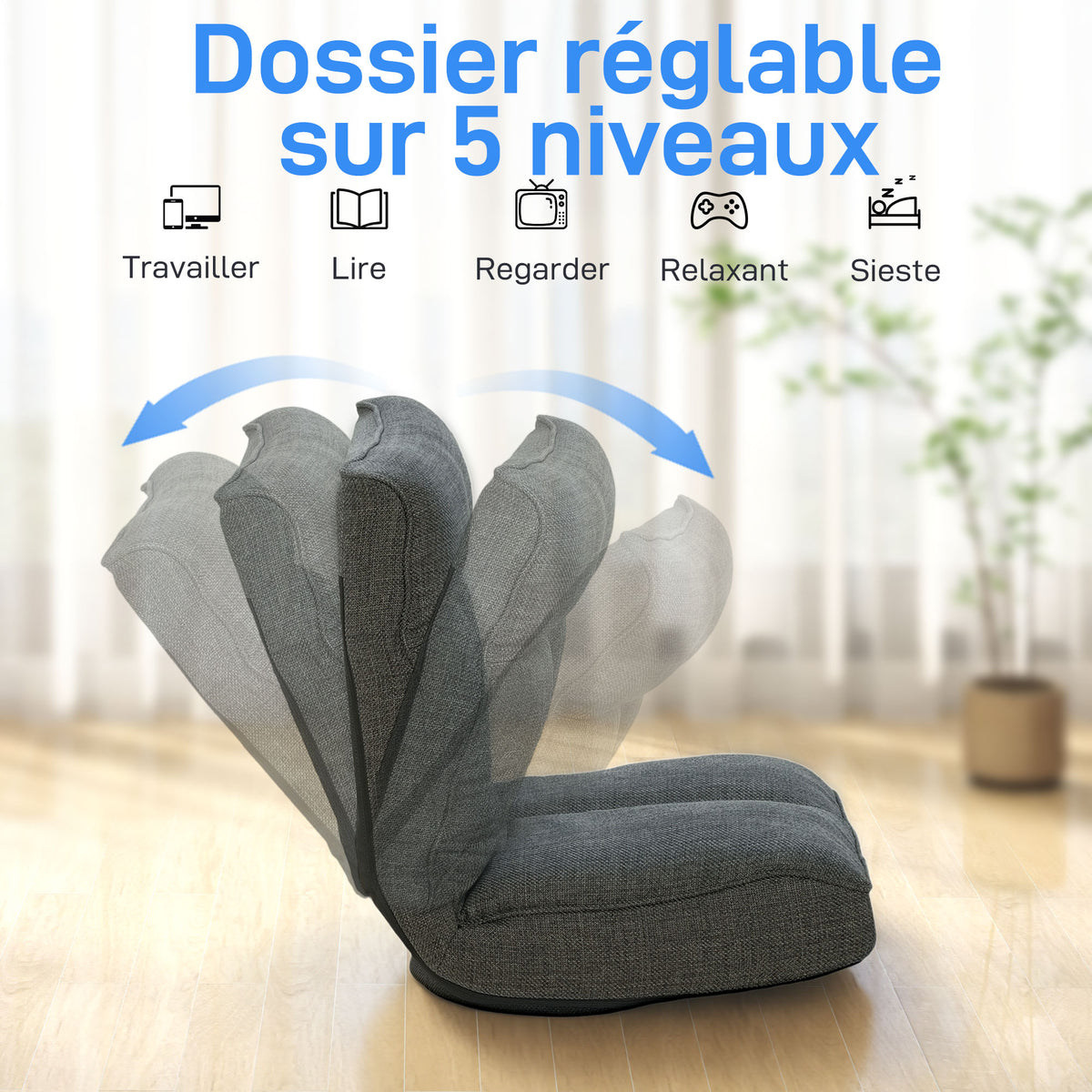 Fauteuil de sol pliable pivotant à 360°, chaise de sol rembourré avec dossier réglable en 5 positions, 58x107x79cm, gris-3