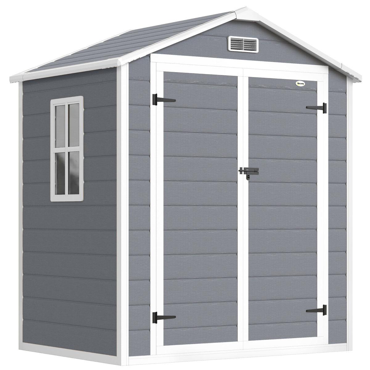 Abri de jardin cabanon en résine polypropylène 2,12 m² - 2 portes 1 fenêtre et 1 grille d'aération, toit à pignon, gris-0